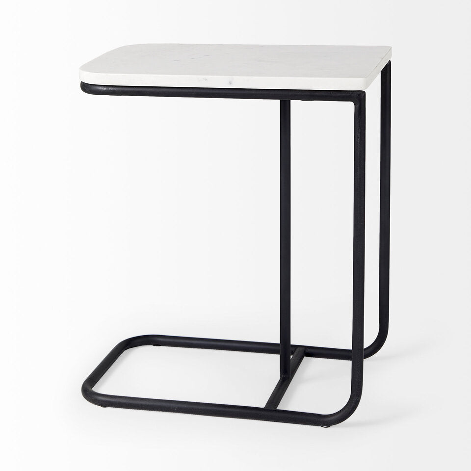 Mercana Kyra 12.0L x 20.0W x 23.0H White Marble Top with Black Iron Frame C-Shaped End and Side Table