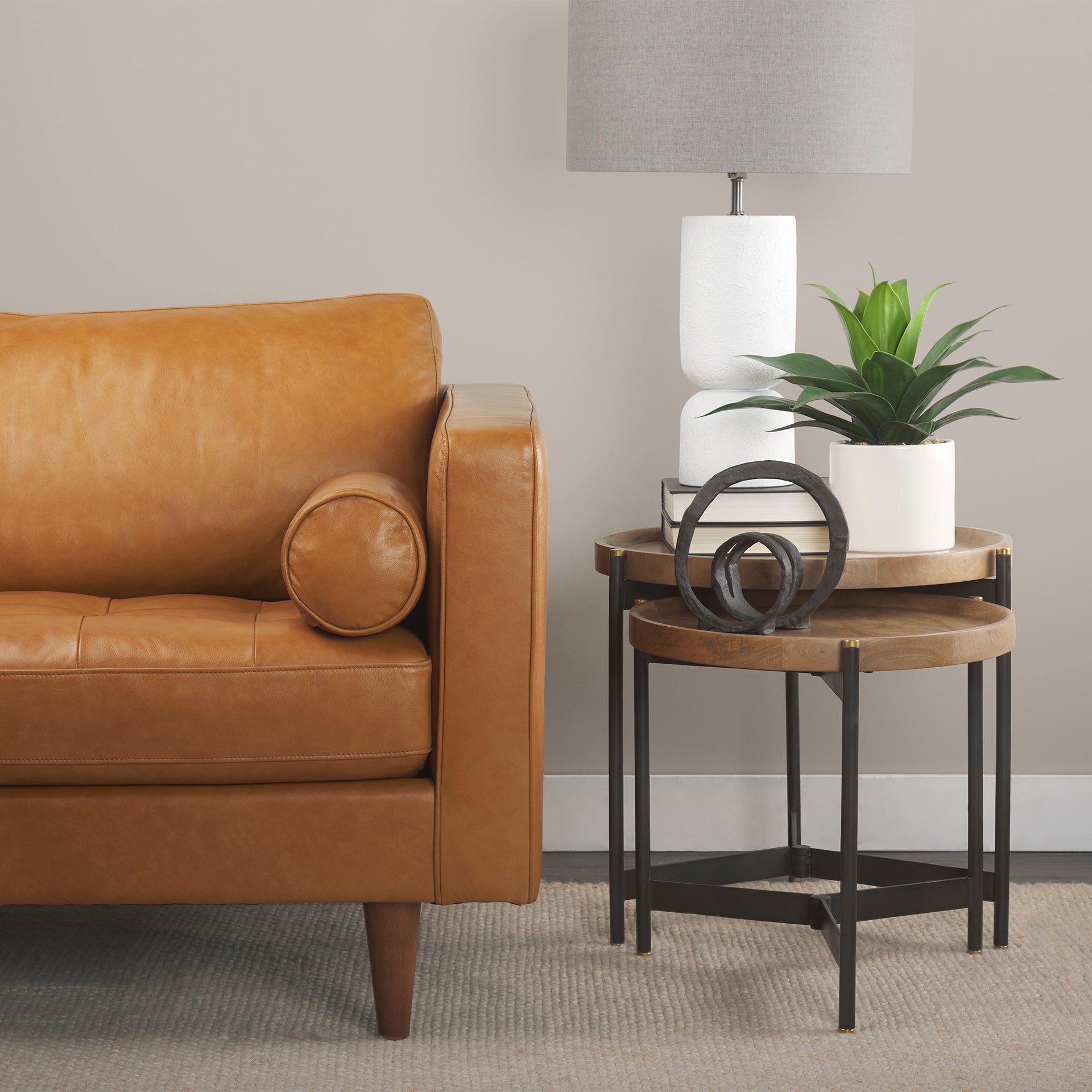 Mercana Marquisa (Set of 2) 22.5L x 22.5W x 20.8H Light Brown Wood With Black Metal Base Nesting Side Tables