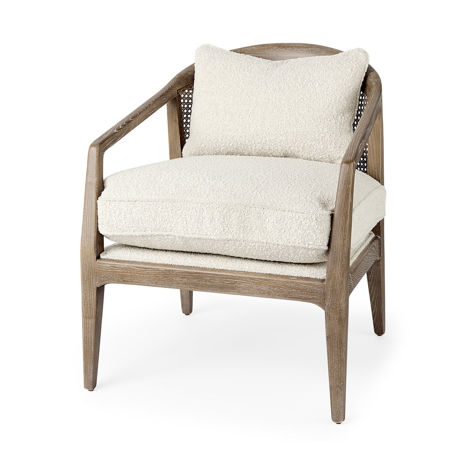 Mercana Landon Light Brown Wood With Cream Fabric Seat and Cane Back Accent Chair
