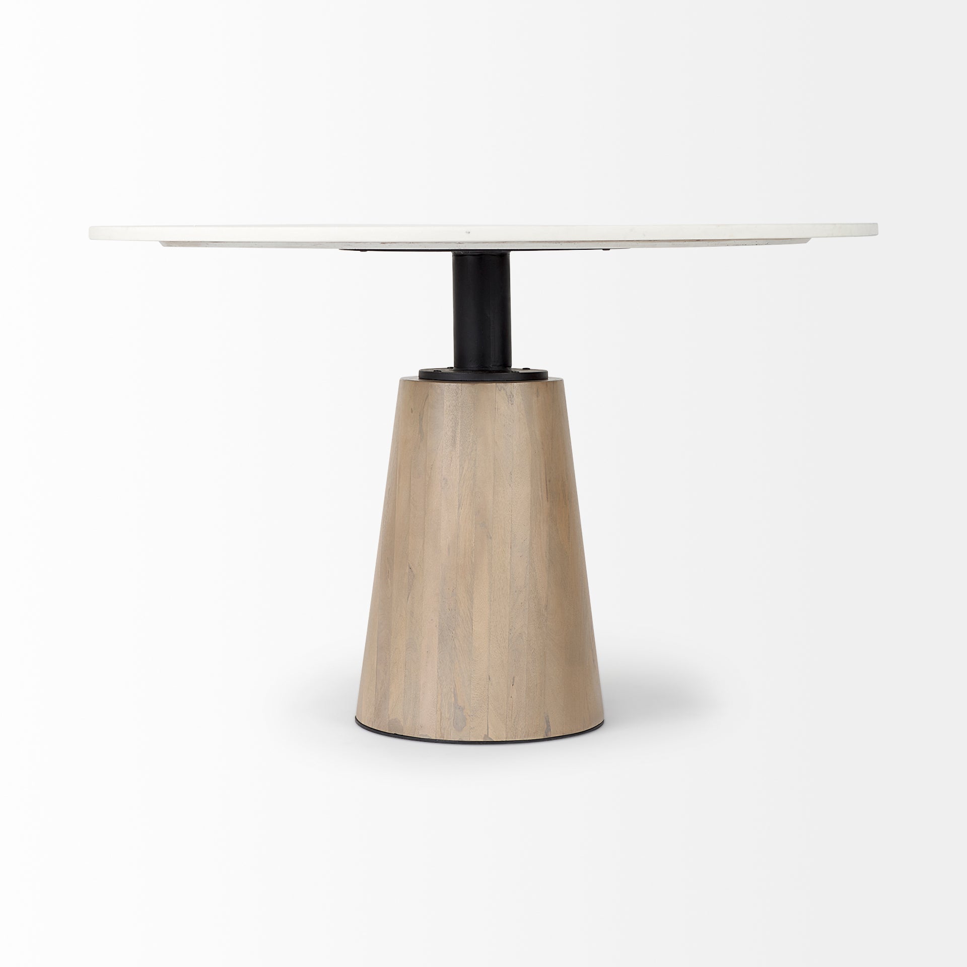 Mercana Maxwell 48L x 48W x 30H White Marble Round Top With Black / Brown Metal and Wood Pedestal Base Dining Table