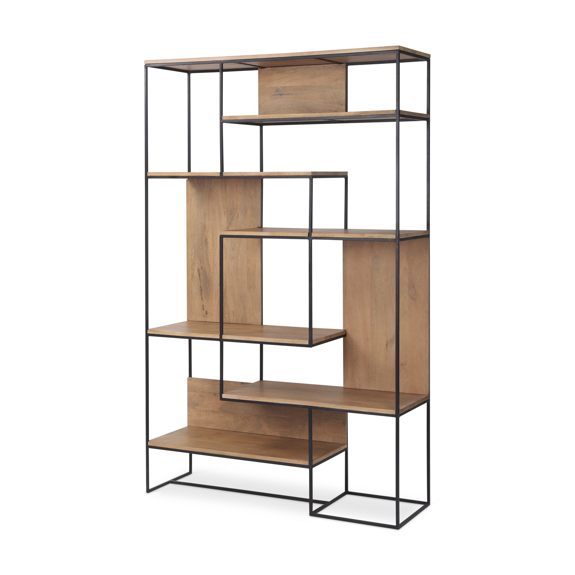 Mercana Morris 47.0L x 15.0W x 75.0H Light Brown Wood With Black Metal Frame 6-Tier Shelving Unit