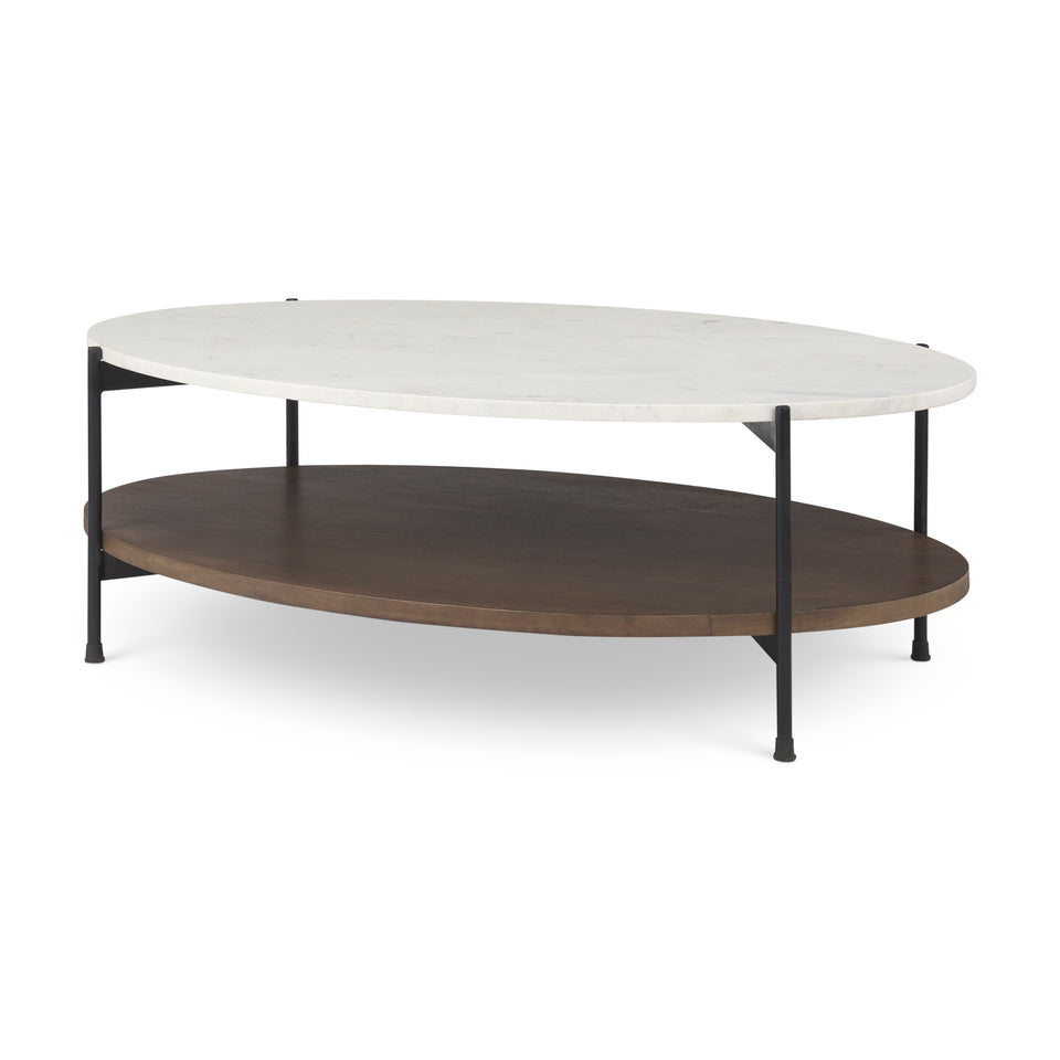Mercana Larkin 48" Oval White Marble Top and Solid Wood Shelf With Black Metal Frame Coffee Table