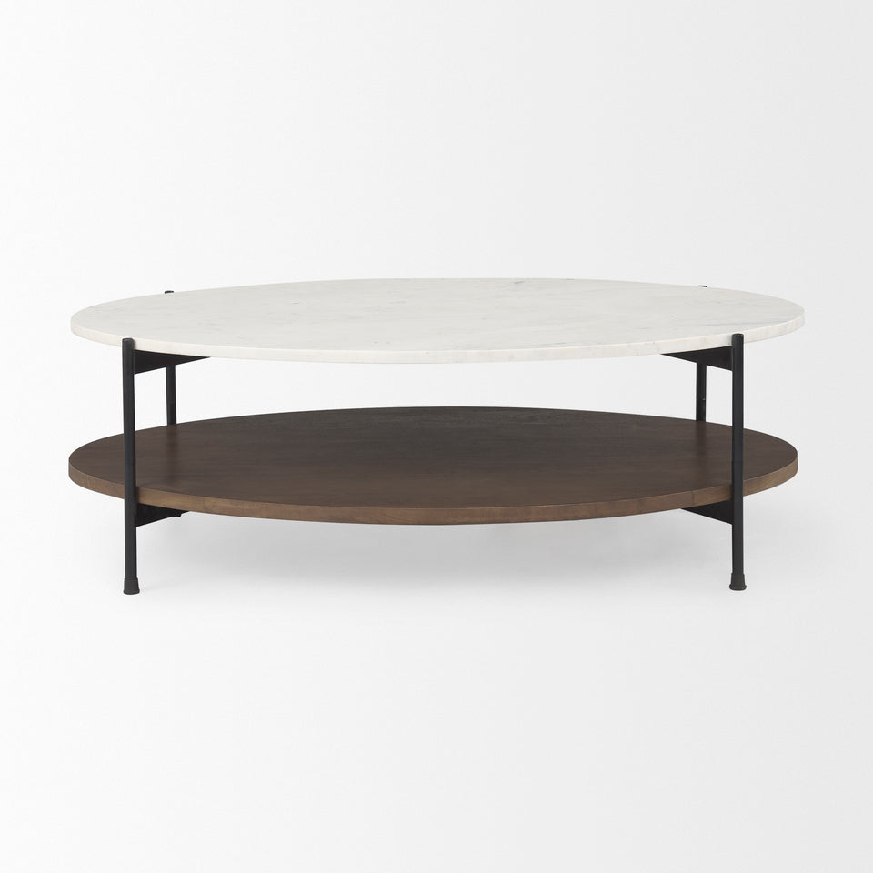 Mercana Larkin 48" Oval White Marble Top and Solid Wood Shelf With Black Metal Frame Coffee Table