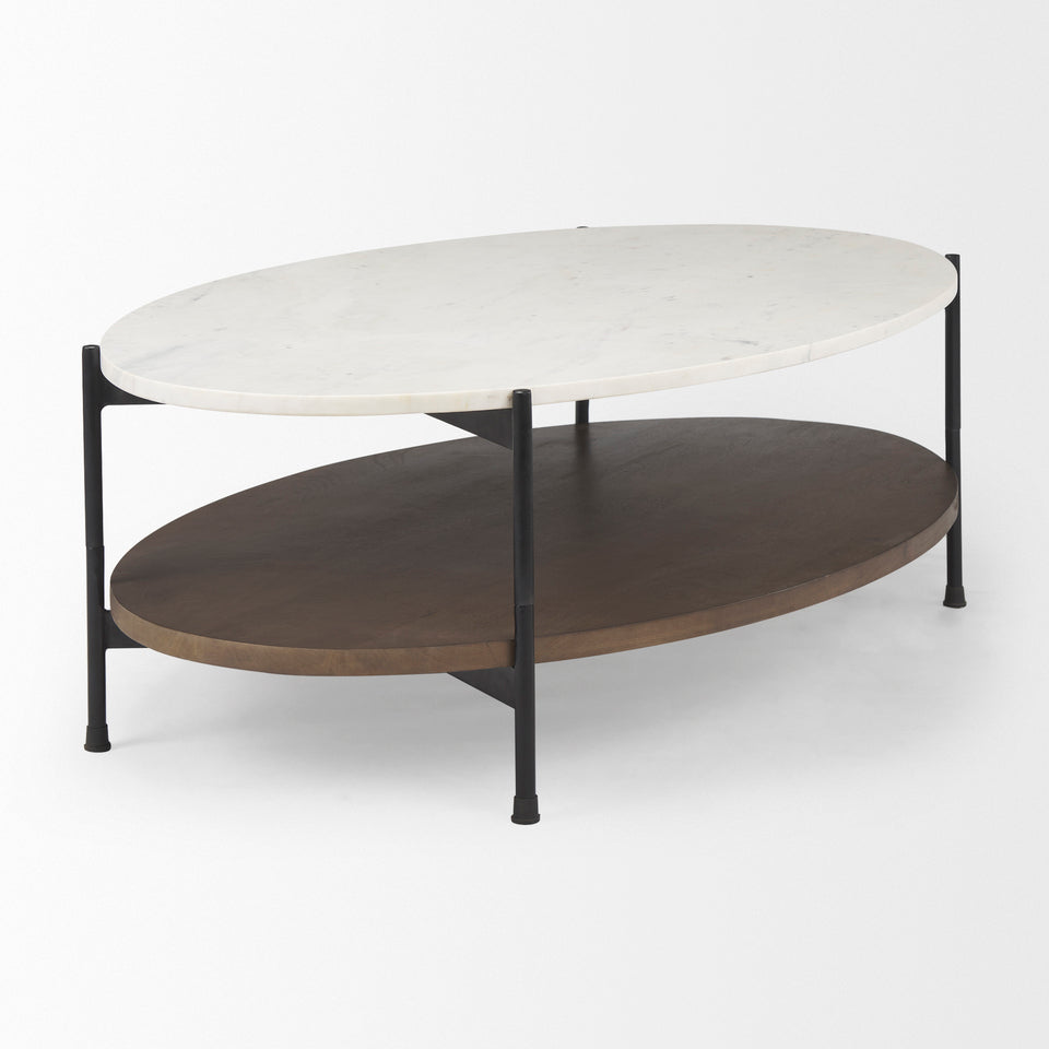 Mercana Larkin 48" Oval White Marble Top and Solid Wood Shelf With Black Metal Frame Coffee Table