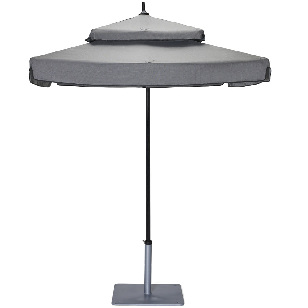 Woodard Canopi Duplici 6' Square Double Tier Umbrella, Beach Bum Creamsicle (Grade A), 85 Pound Umbrella Base - Black, 4 Light Kit, Umbrella, Aluminum, Fabric, Square, 4 Legs, Outdoor