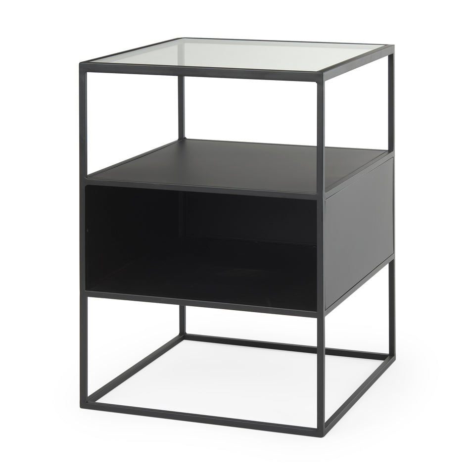 Mercana Samson 15.7L x 15.7W x 21.3H Side Table Matte Black Metal and Glass