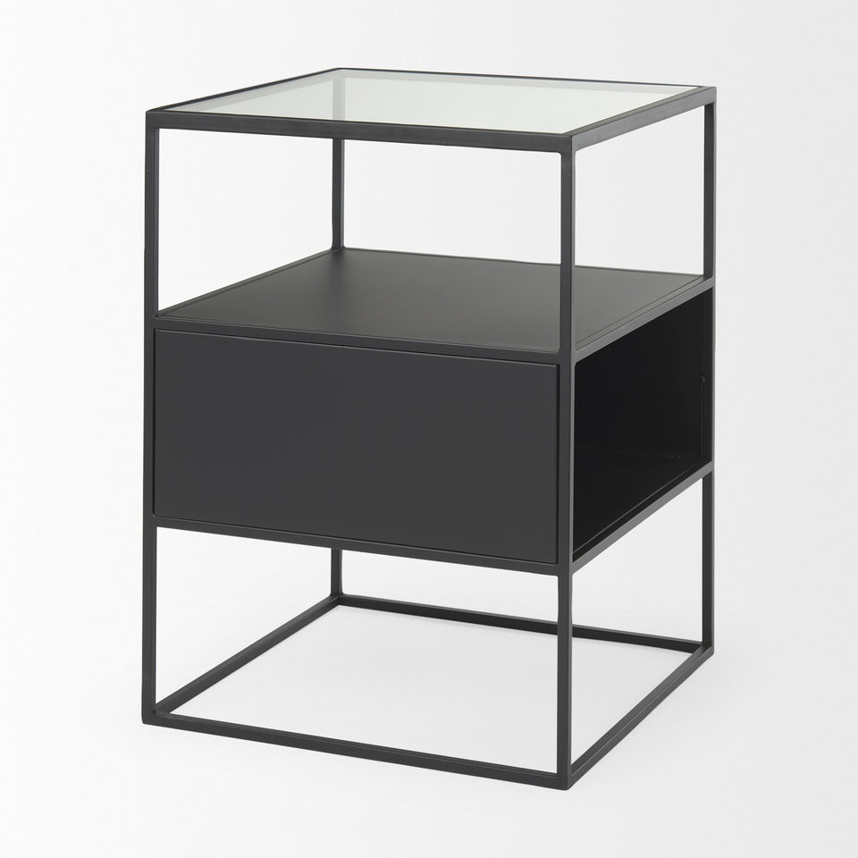 Mercana Samson 15.7L x 15.7W x 21.3H Side Table Matte Black Metal and Glass