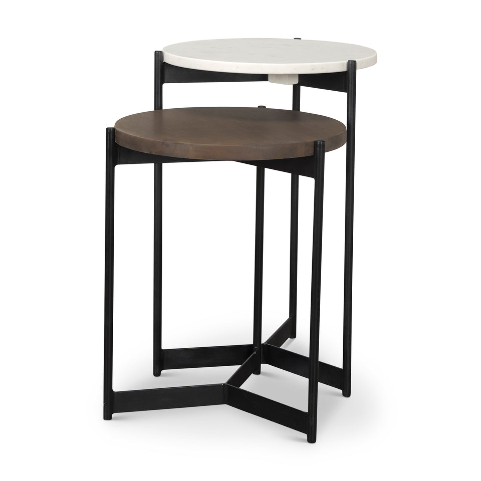Mercana Larkin II Marble and Medium Brown Wood Round Tabletop Nesting End/Side Tables