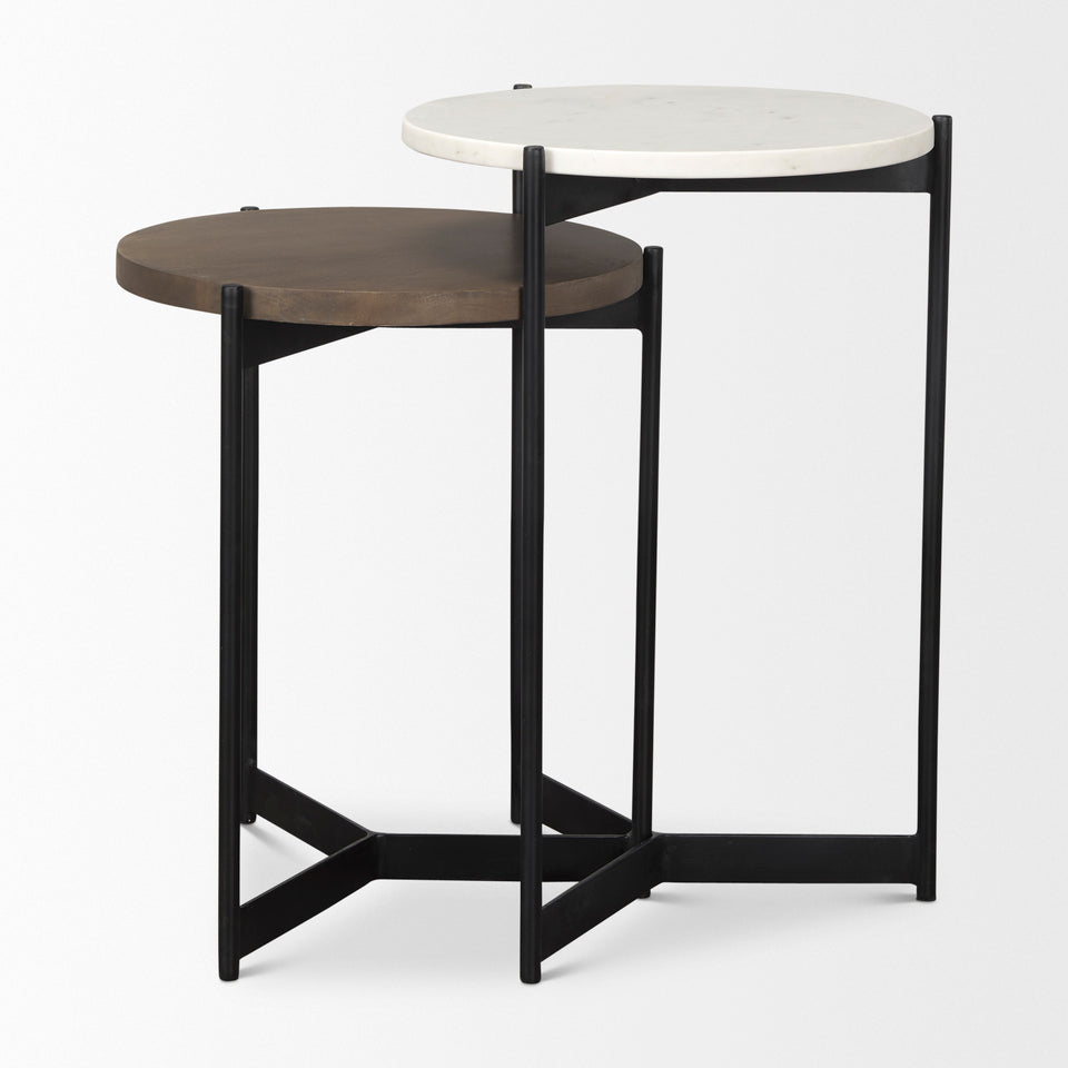 Mercana Larkin II Marble and Medium Brown Wood Round Tabletop Nesting End/Side Tables