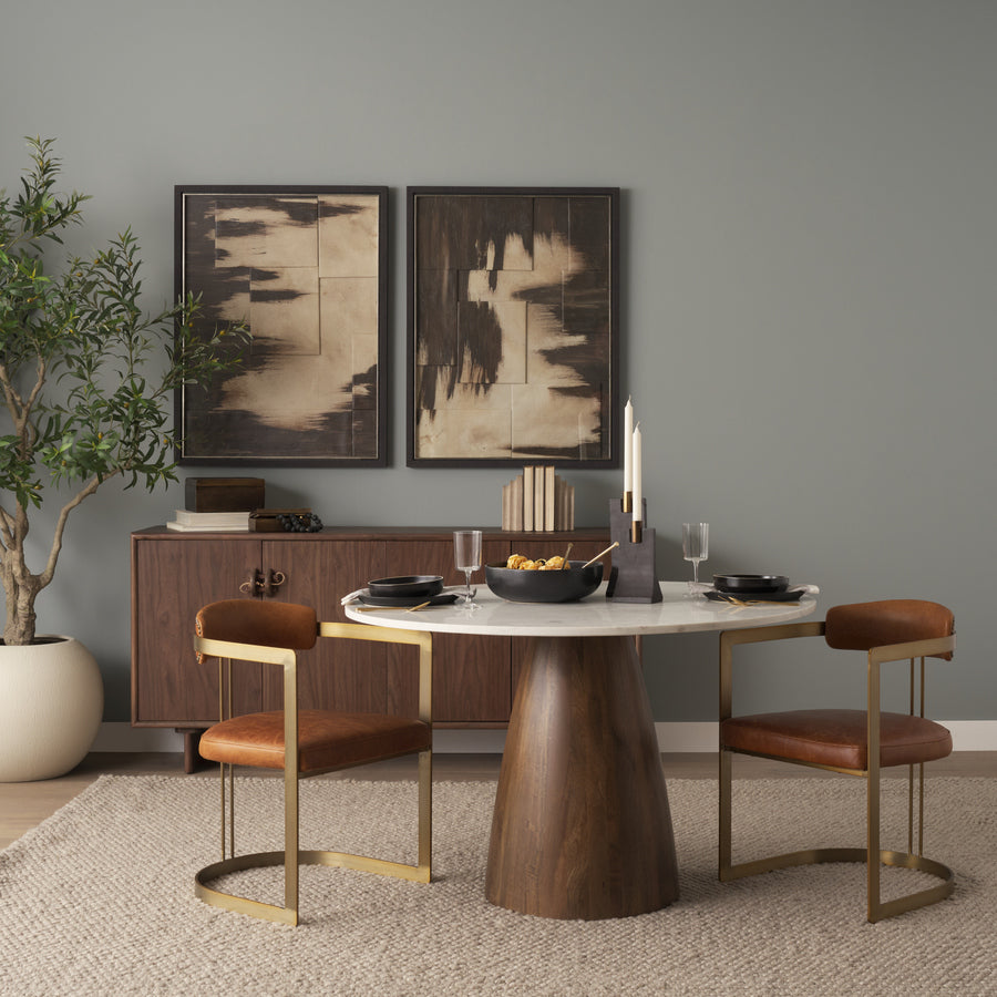 Mercana Allyson 48" Round Brown Wood Pedestal with White Marble Top Dining Table