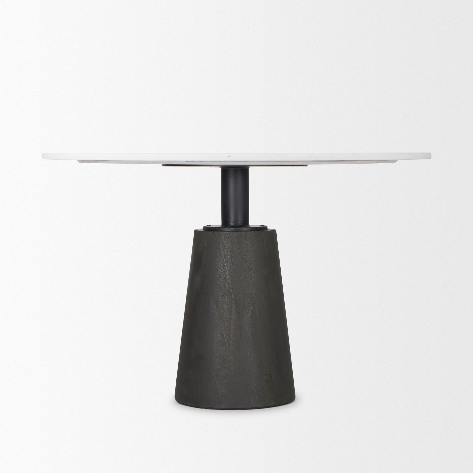 Mercana Maxwell 48L x 48W x 30H White Marble Round Top With Black / Brown Metal and Wood Pedestal Base Dining Table