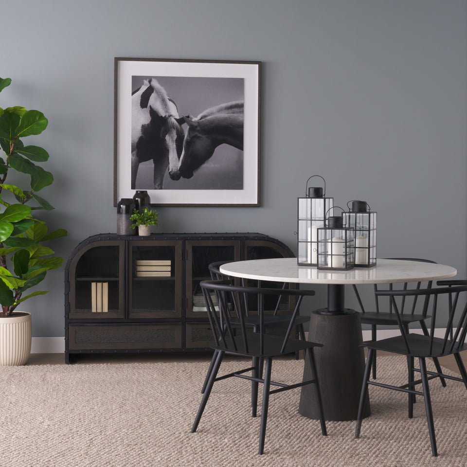 Mercana Maxwell 48L x 48W x 30H White Marble Round Top With Black / Brown Metal and Wood Pedestal Base Dining Table