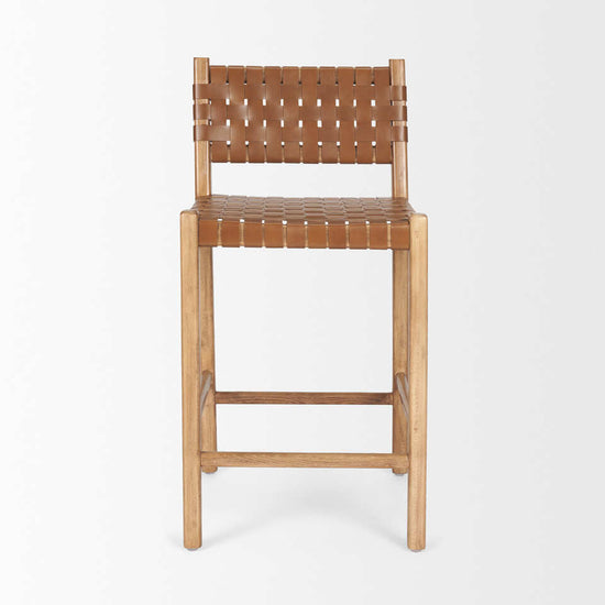 Mercana Shane Brown Wood With Woven Brown Leather Counter Stool