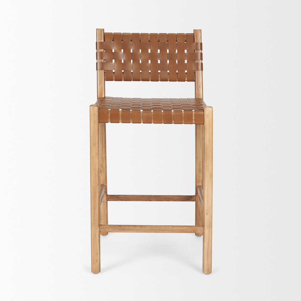 Mercana Shane Brown Wood With Woven Brown Leather Counter Stool