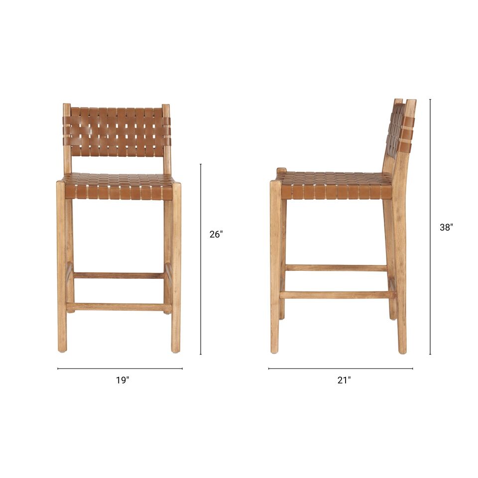 Mercana Shane Brown Wood With Woven Brown Leather Counter Stool