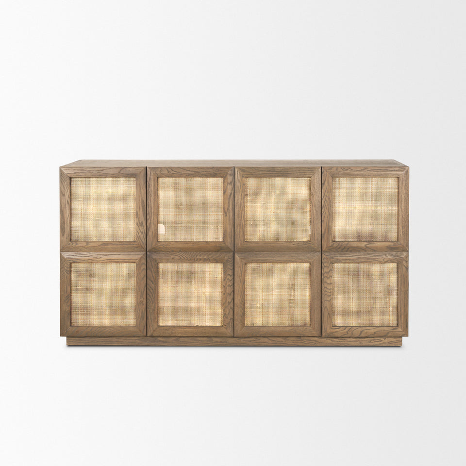 Mercana Sina Brown Oak Wood With Natural Rattan 4 Door Sideboard