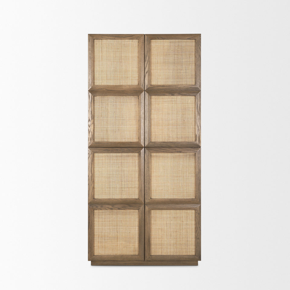 Mercana Sina Brown Oak Wood With Natural Rattan 2 Door Curio Cabinet