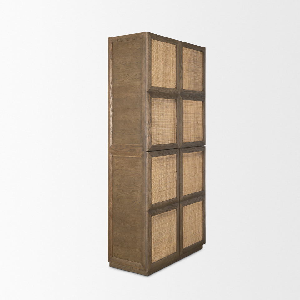 Mercana Sina Brown Oak Wood With Natural Rattan 2 Door Curio Cabinet