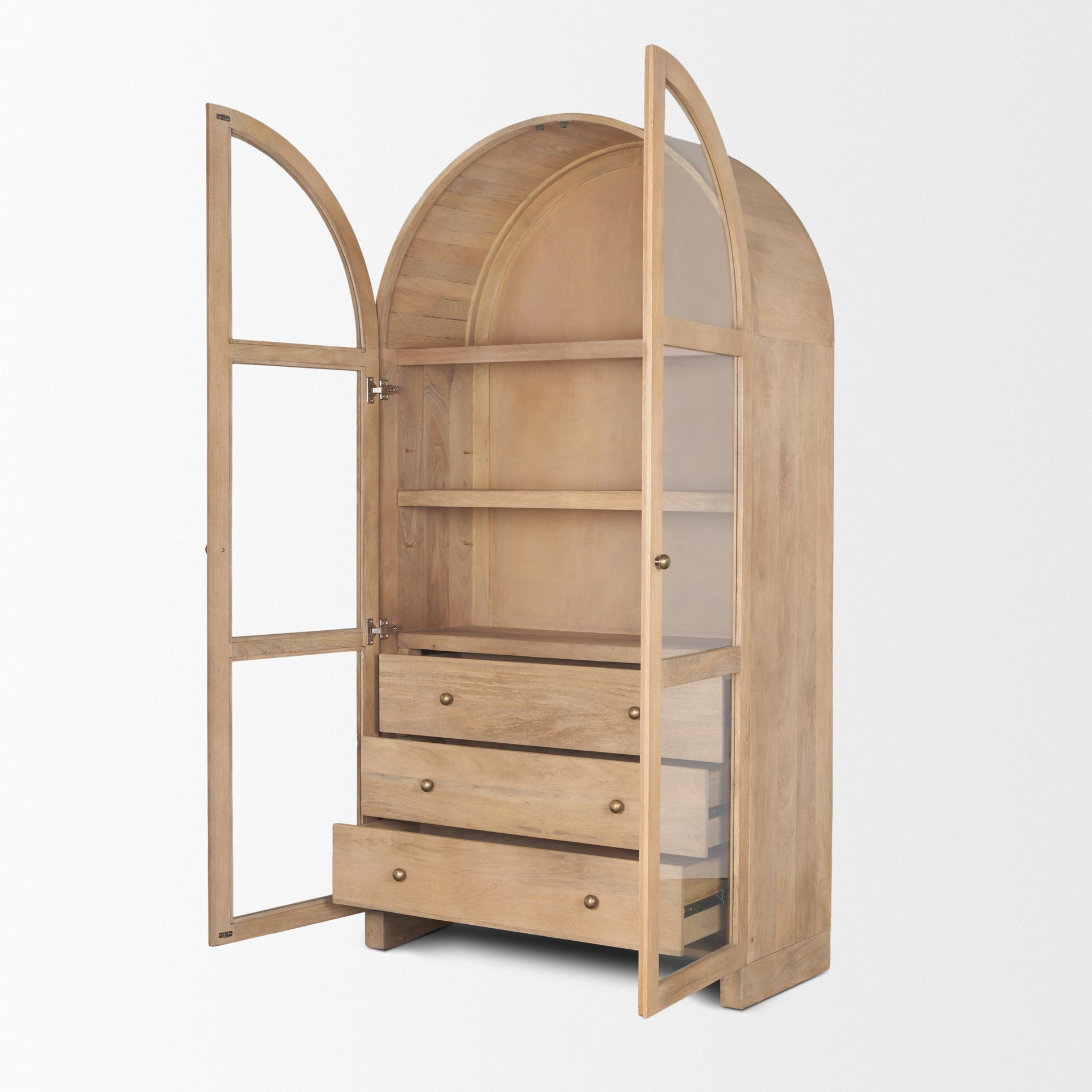 Mercana Suri Light Brown Wood With Glass Doors Arched Curio Cabinet