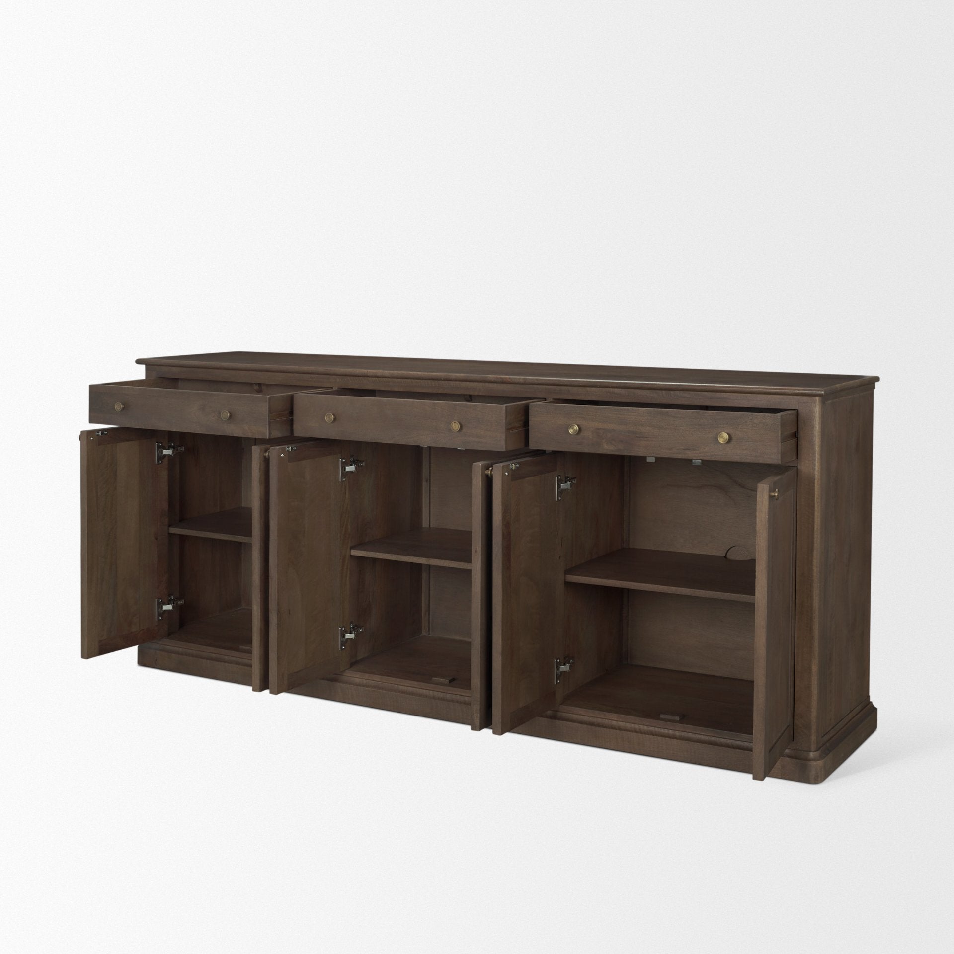 Mercana Braxton Brown Solid Wood with Antiqued Aged Brass Knobs 3 Drawer 6 Door Sideboard