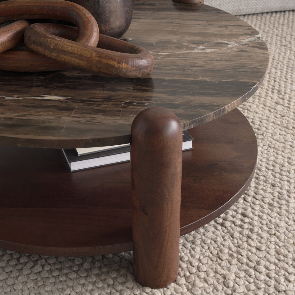 Mercana Jovia Brown Mango Wood With Cappuccino Marble Round Coffee Table