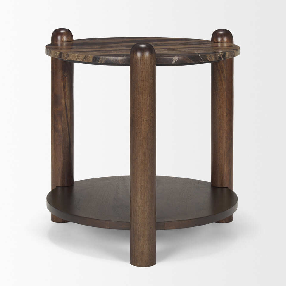 Mercana Jovia Brown Mango Wood With Cappuccino Marble Round Side Table