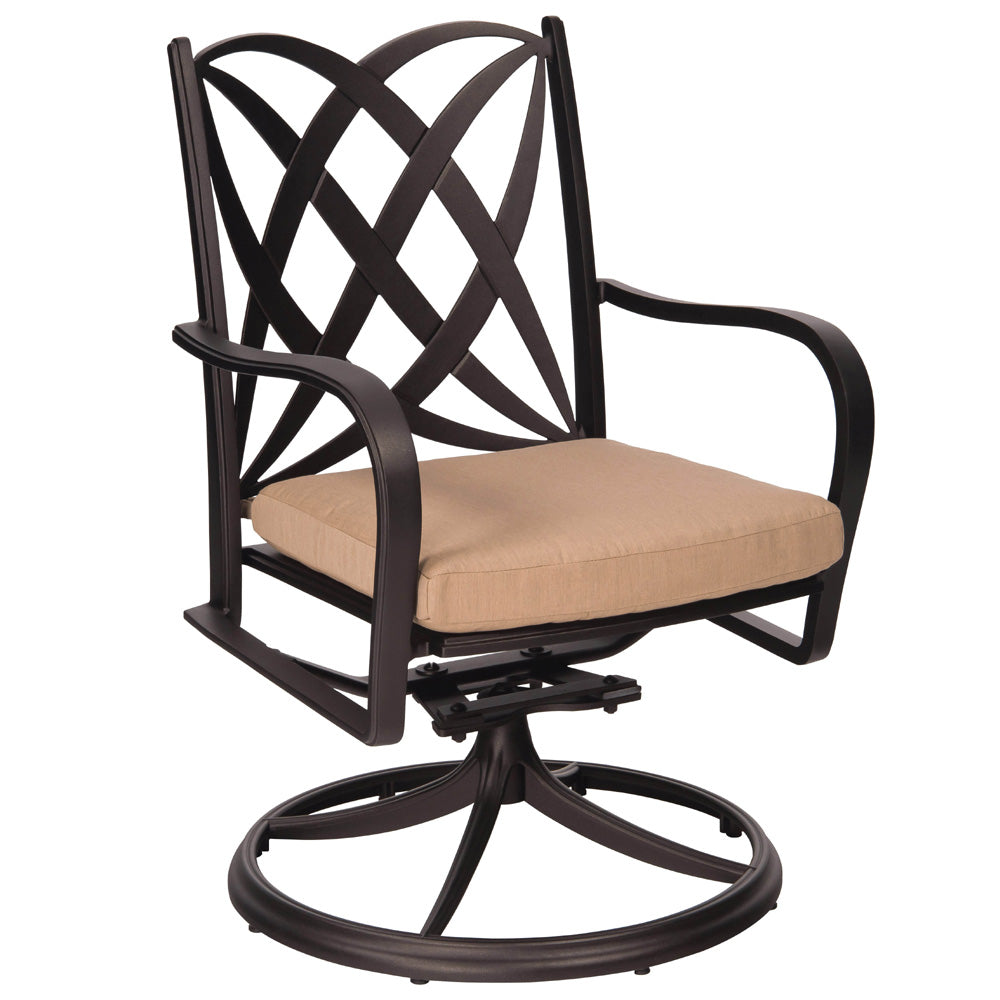 Woodard Apollo Swivel Rocker Dining Arm Chair with Cushion Option, Aged Teak, With Cushion, Beach Bum Creamsicle (Grade A), Garden Chairs, Dining Chairs, Cushion, Apollo, Aluminum, Fabric, Wood, Curved, Frame, Outdoor