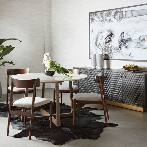 Sunpan Flores Dining Table 53" in Ebony Brown-White Marble / Pake Honey-White Marble