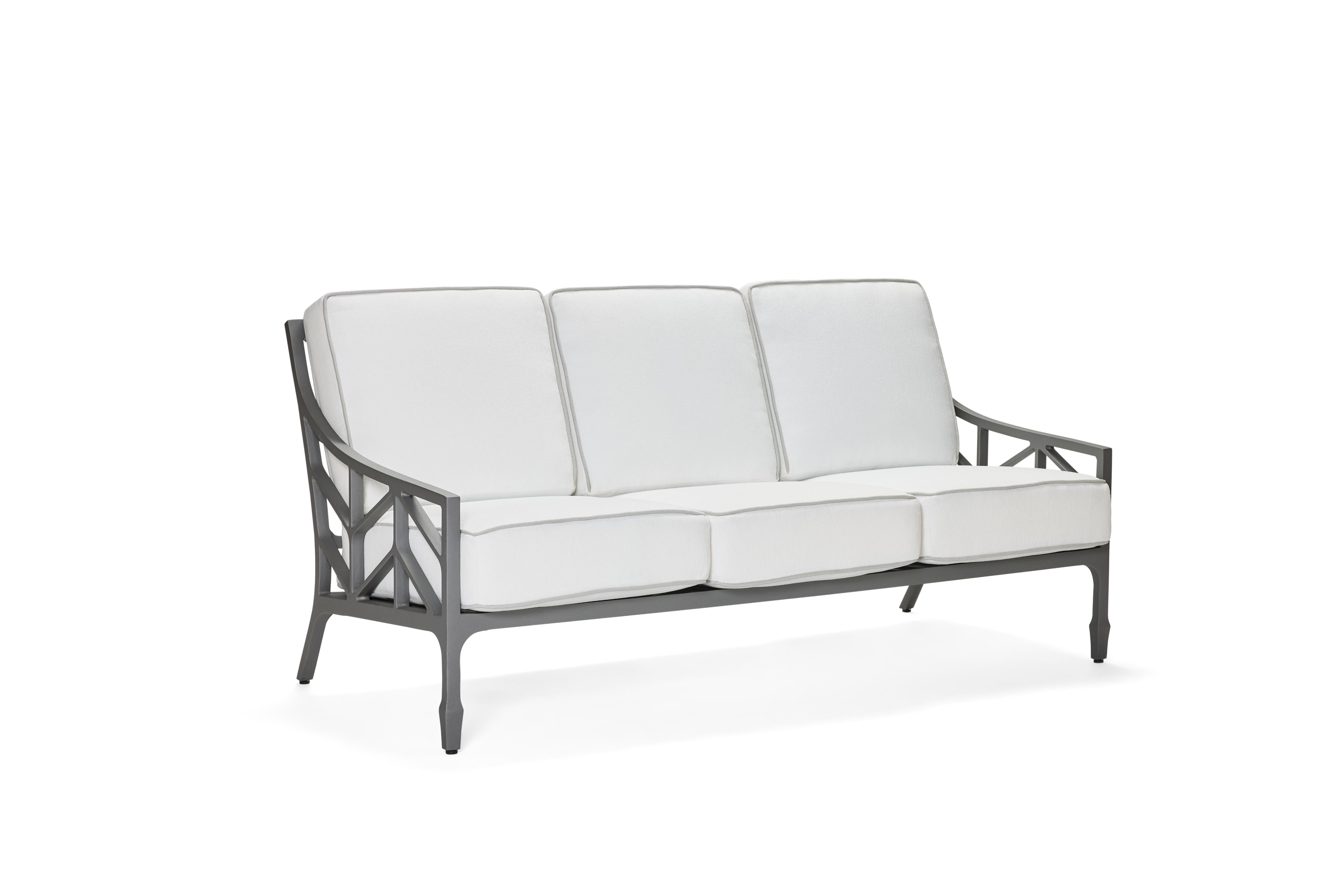 Woodard Alberti Sofa, Aged Teak, With Cushion, Beach Bum Creamsicle (Grade A), Cast Aluminum Patio Furniture, Sofa, Cushion, Alberti, Aluminum, Fabric, Wood, Rectangular, 4 Legs, Outdoor