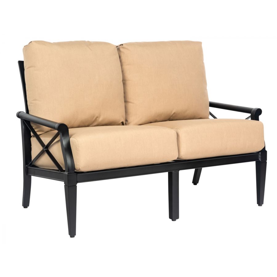 Woodard Andover Love Seat, Aged Teak, With Cushion, Grade A Fabric, Garden Chairs, Loveseat, Cushion, Andover, Aluminum, Fabric, Wood, Rectangular, 5+ Legs, Outdoor