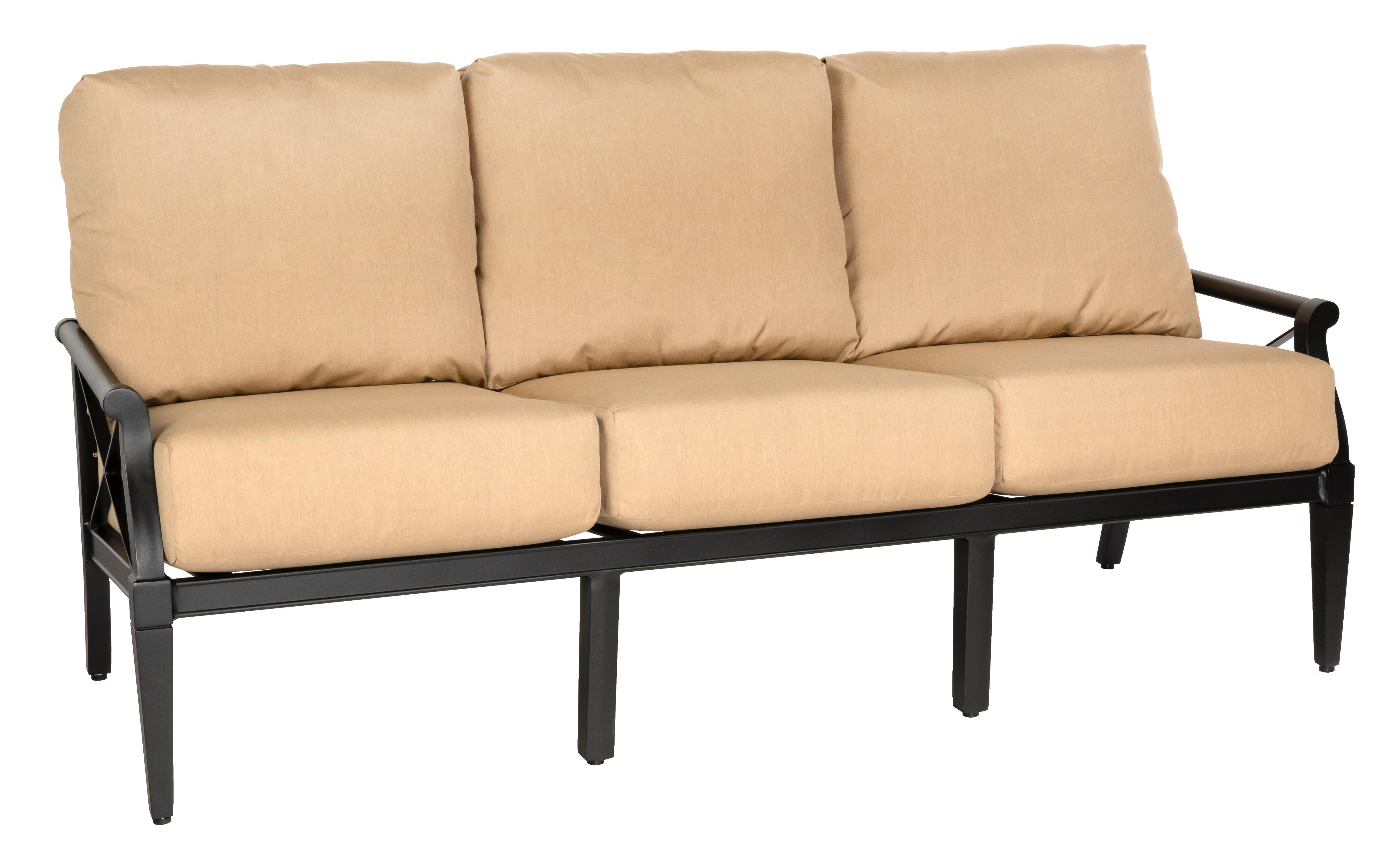 Woodard Andover Sofa, Aged Teak, With Cushion, Beach Bum Creamsicle (Grade A), Garden Chairs, Sofa, Cushion, Andover, Aluminum, Fabric, Wood, Rectangular, 5+ Legs, Outdoor