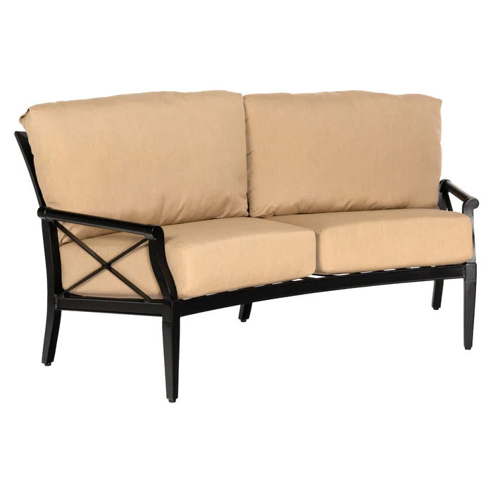 Woodard Andover Crescent Love Seat, Aged Teak, None, Grade A Fabric, Garden Chairs, Loveseat, Cushion, Andover, Aluminum, Fabric, Wood, Curved, 5+ Legs, Outdoor
