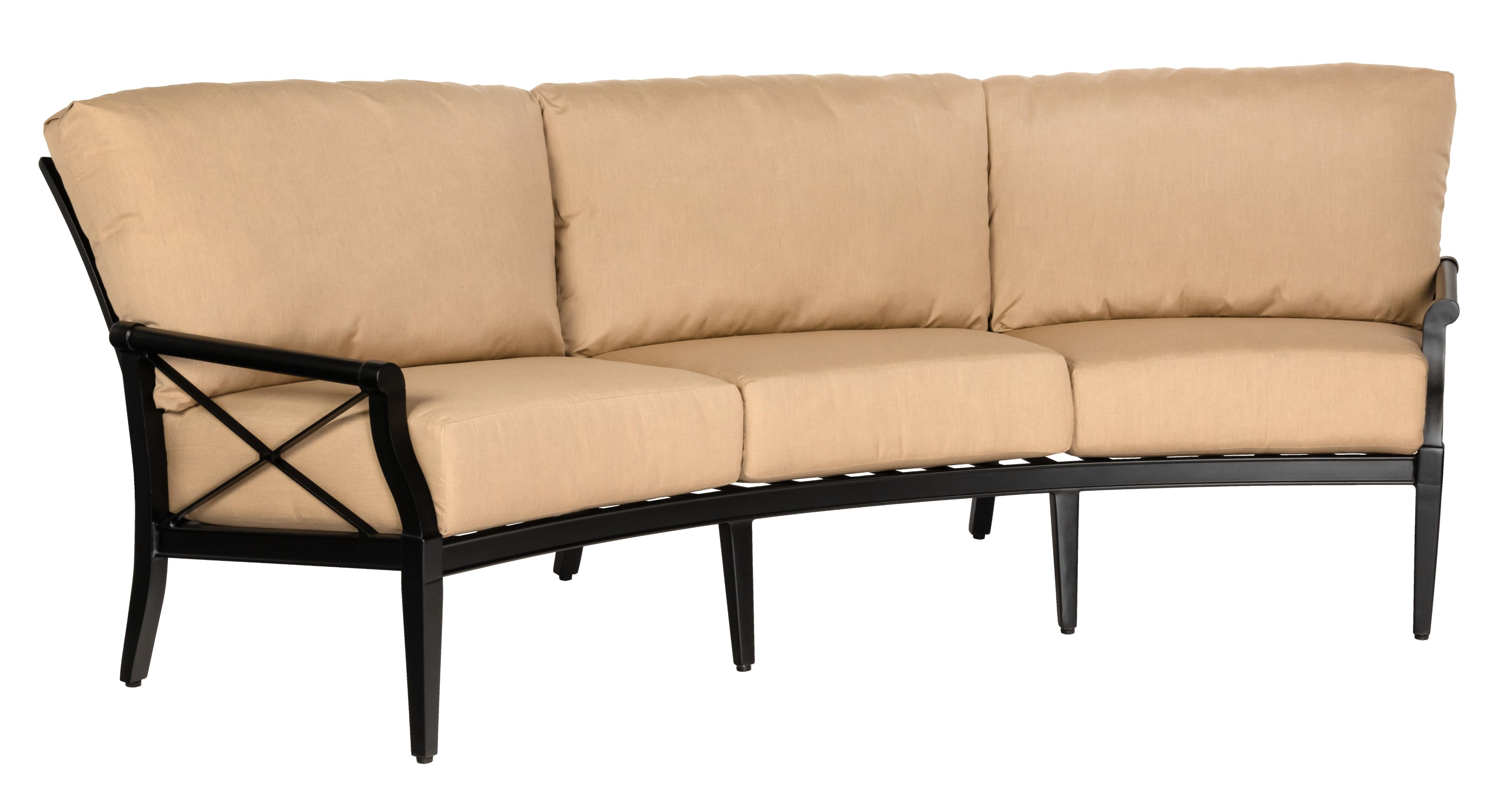 Woodard Andover Crescent Sofa, Aged Teak, With Cushion, Beach Bum Creamsicle (Grade A), Garden Chairs, Sofa, Cushion, Andover, Aluminum, Fabric, Wood, Curved, 5+ Legs, Outdoor