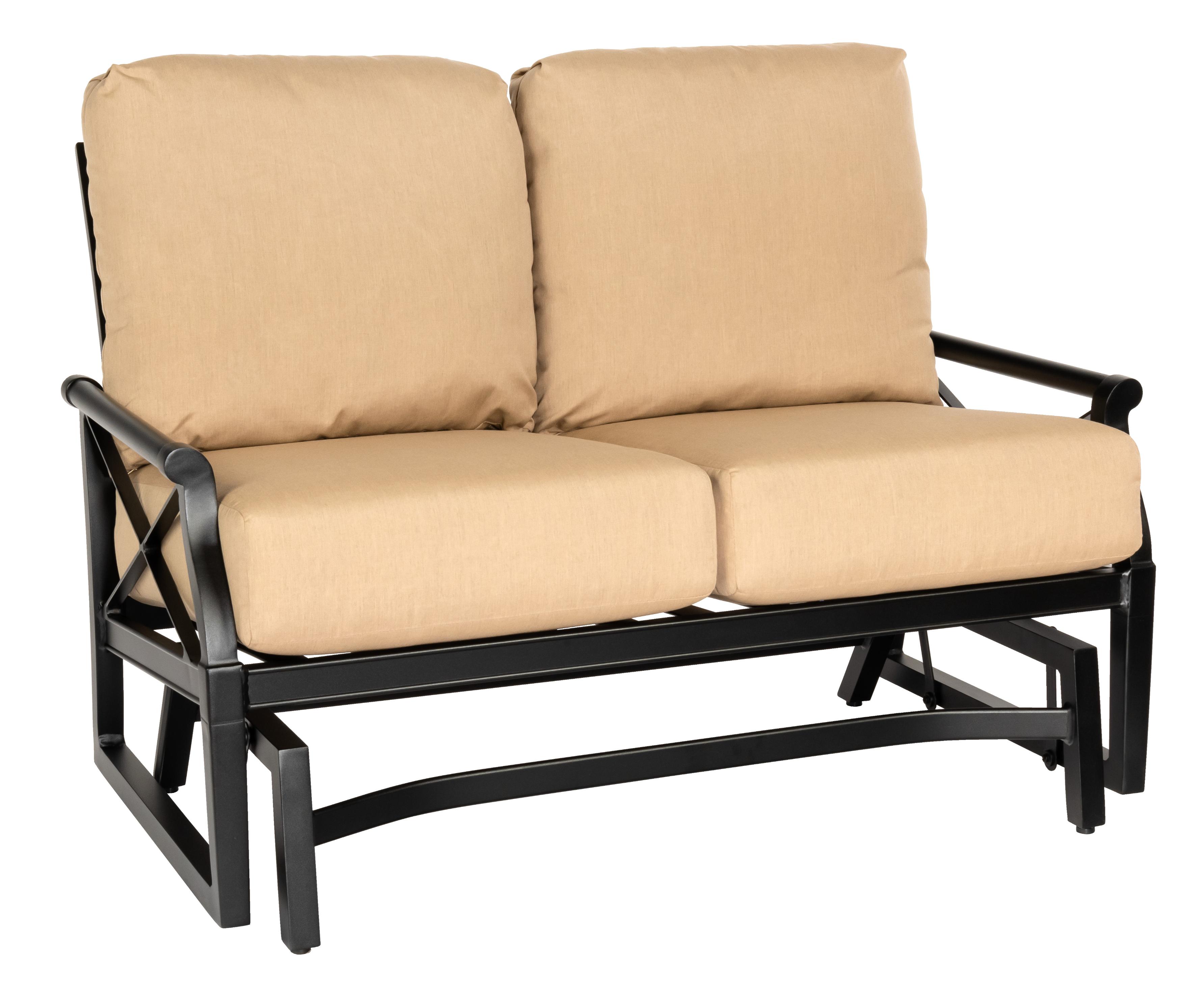 Woodard Andover Gliding Love Seat, Aged Teak, None, Grade A Fabric, Garden Chairs, Loveseat, Cushion, Andover, Aluminum, Fabric, Wood, Rectangular, Frame, Outdoor