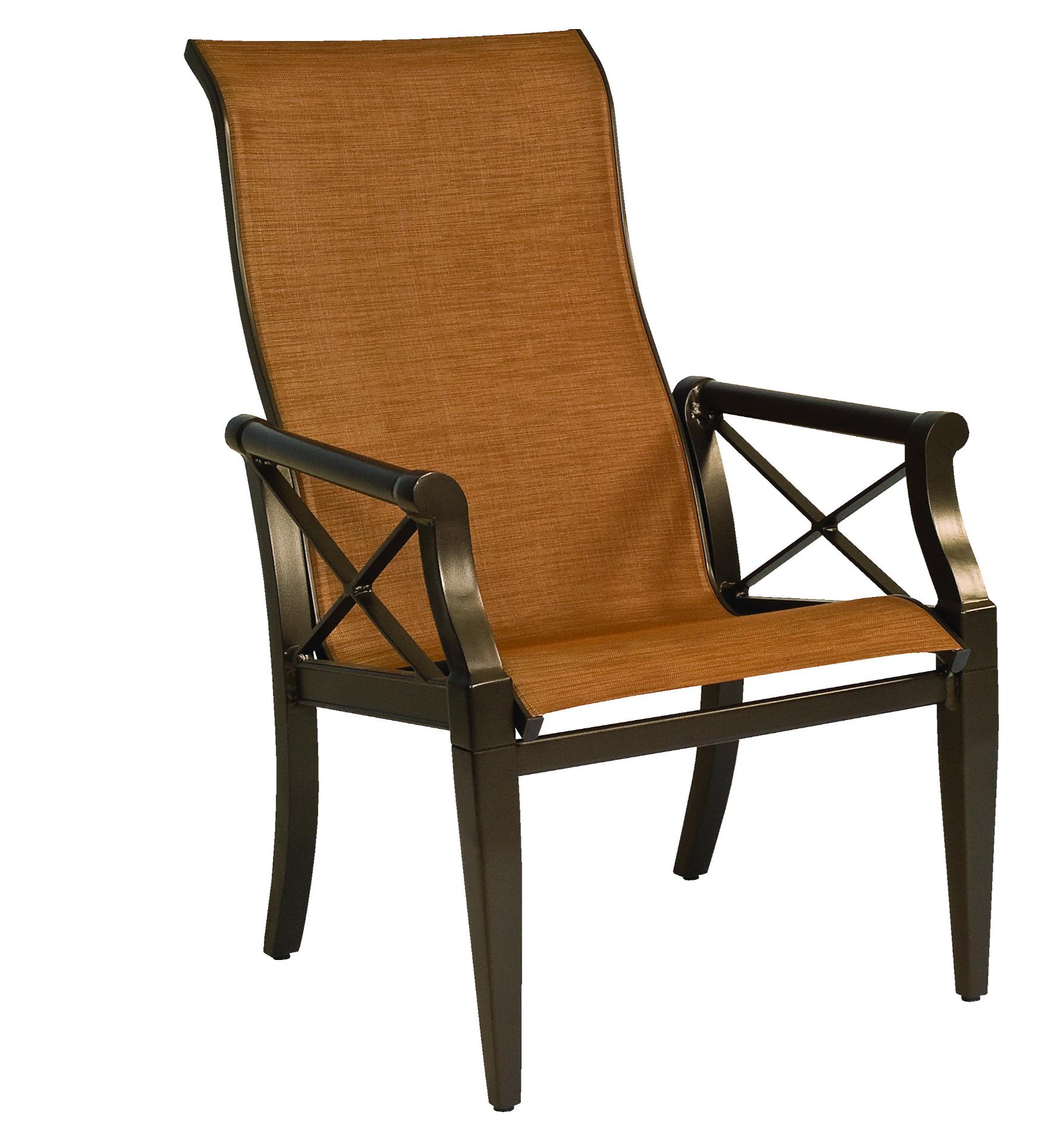 Woodard Andover Sling High Back Dining Arm Chair, Padded, Aged Teak, Augustine Alloy (Grade A), Garden Chairs, Dining Chairs, Cushion, Andover, Aluminum, Fabric, Wood, Curved, Frame, Outdoor