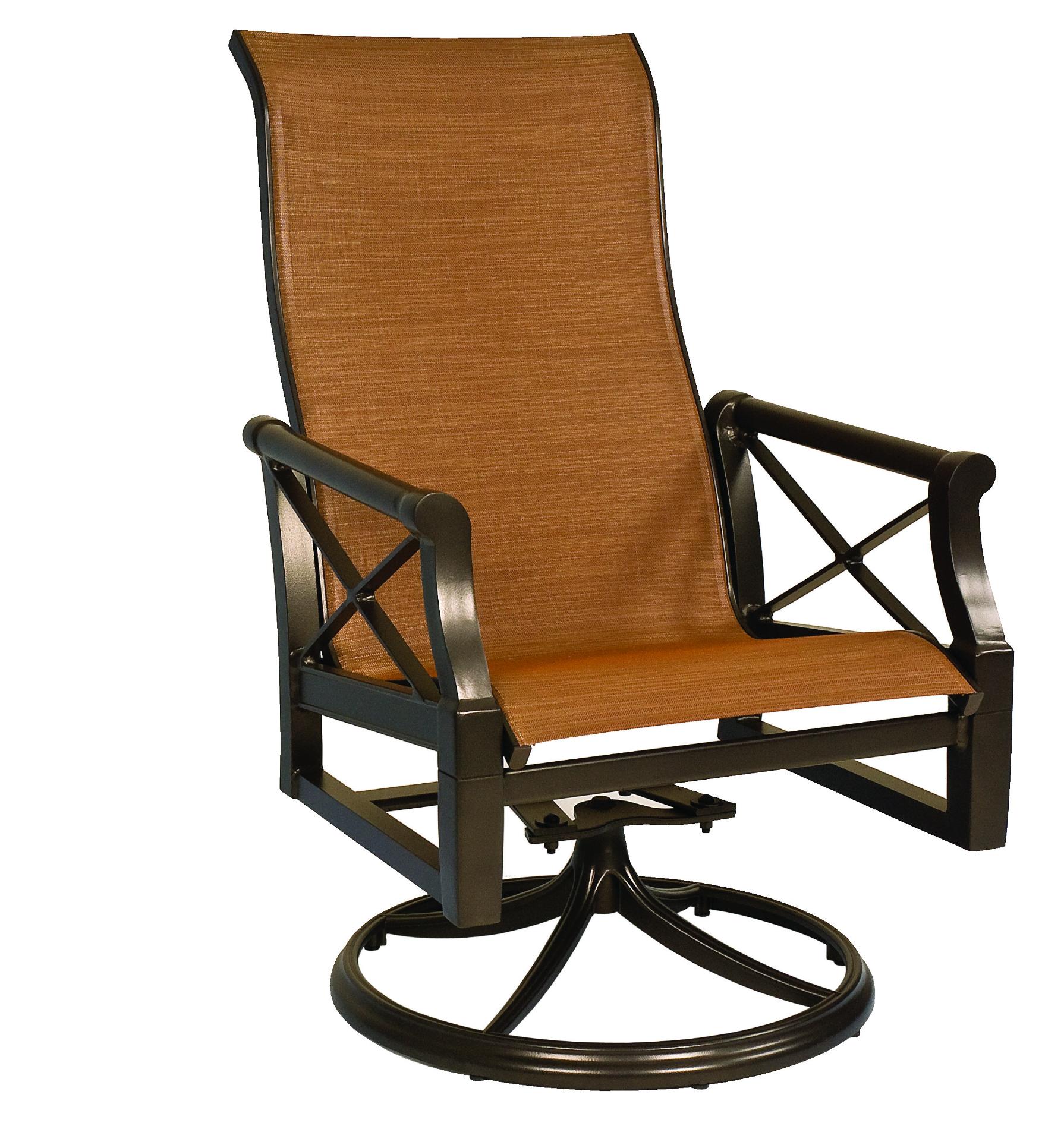 Woodard Andover Sling High Back Swivel Rocking Dining Arm Chair, Padded, Aged Teak, Augustine Alloy (Grade A), Garden Chairs, Dining Chairs, Cushion, Andover, Aluminum, Fabric, Wood, Curved, Frame, Outdoor