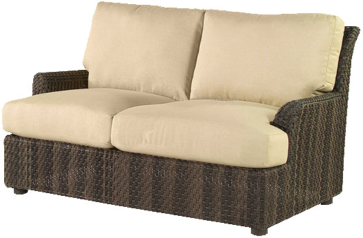 Woodard Aruba Wicker Love Seat, Aged Teak, With Cushion, Grade A Fabric, Garden Chairs, Loveseat, Cushion, Aruba, Aluminum, Fabric, Wicker, Rectangular, 4 Legs, Outdoor