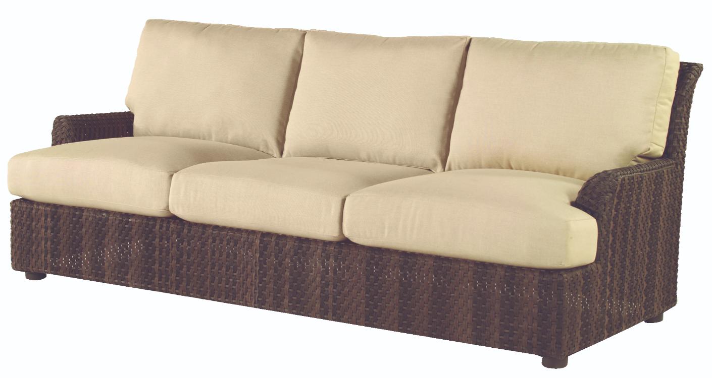 Woodard Aruba Wicker Sofa, Aged Teak, None, Grade A Fabric, Garden Chairs, Sofa, Cushion, Aruba, Aluminum, Fabric, Wicker, Rectangular, 4 Legs, Outdoor