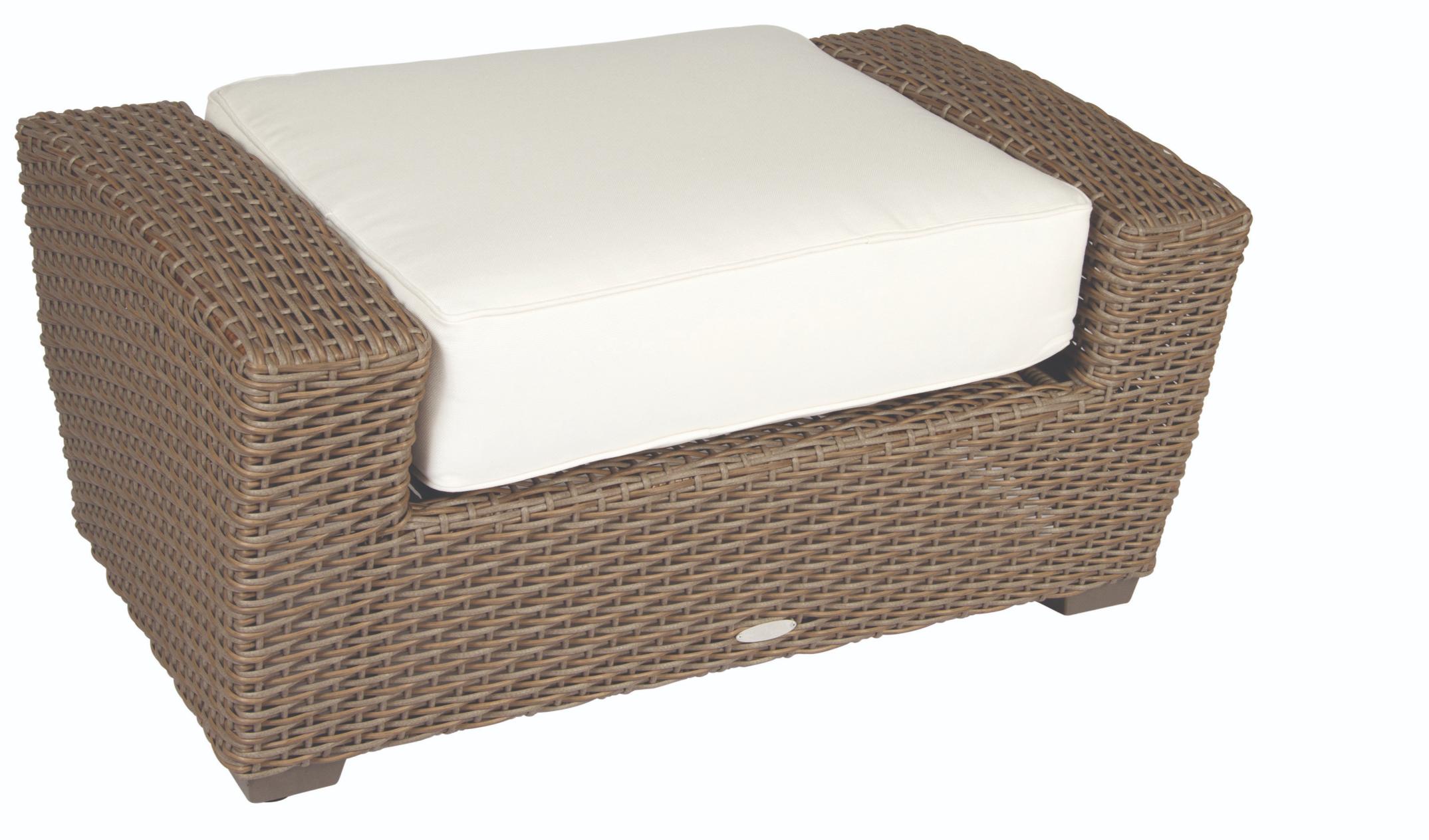 Woodard Augusta Wicker Ottoman, Aged Teak, With Cushion, Grade A Fabric, Ottoman Furniture, Ottoman, Cushion, Augusta, Aluminum, Fabric, Wicker, Rectangular, 4 Legs, Outdoor