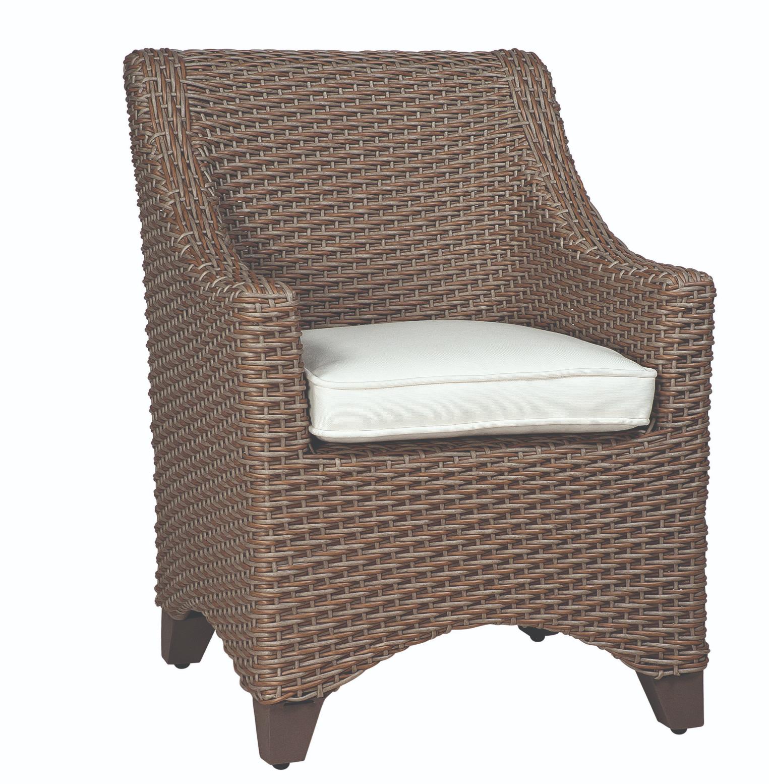 Woodard Augusta Wicker Dining Arm Chair, With Cushion, Grade A Fabric, Beach Bum Creamsicle (Grade A), Garden Chairs, Dining Chairs, Cushion, Augusta, Aluminum, Fabric, Wood, Square, 4 Legs, Outdoor