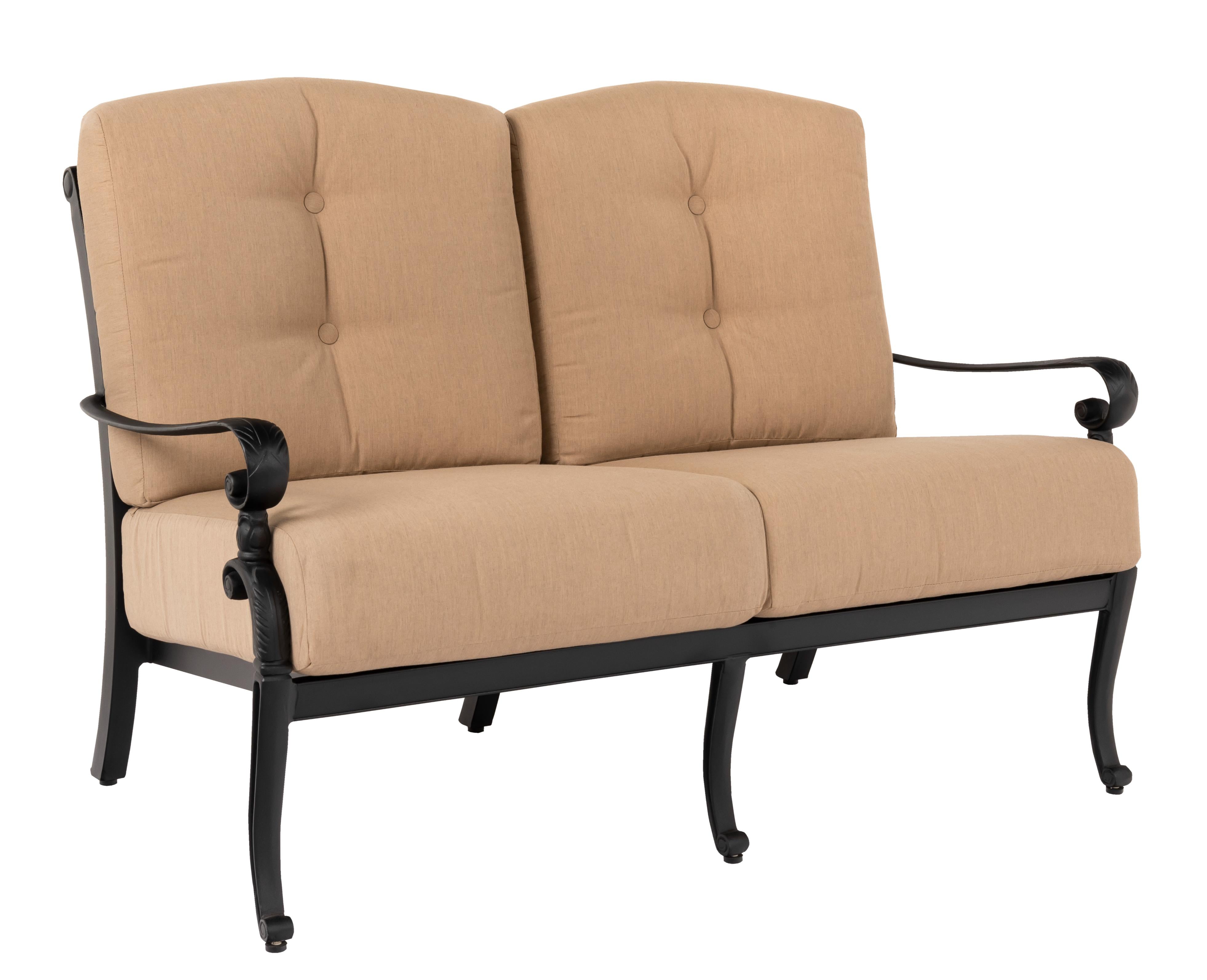 Woodard Avondale Love Seat, Aged Teak, With Cushion, Beach Bum Creamsicle (Grade A), Garden Chairs, Loveseat, Cushion, Avondale, Aluminum, Rectangular, 5+ Legs, Outdoor
