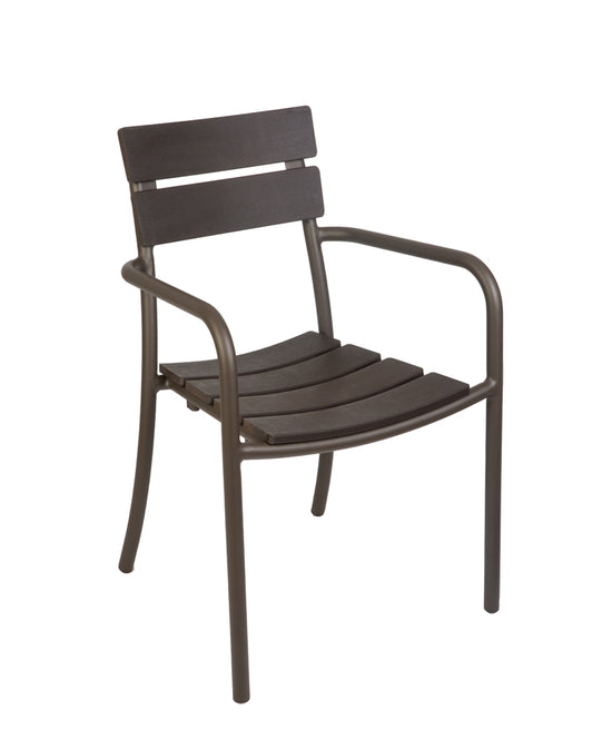 BFM Seating Bayview Stacking Armchair - Walnut Synthetic Wood - Powder Coated Aluminum - Bronze
