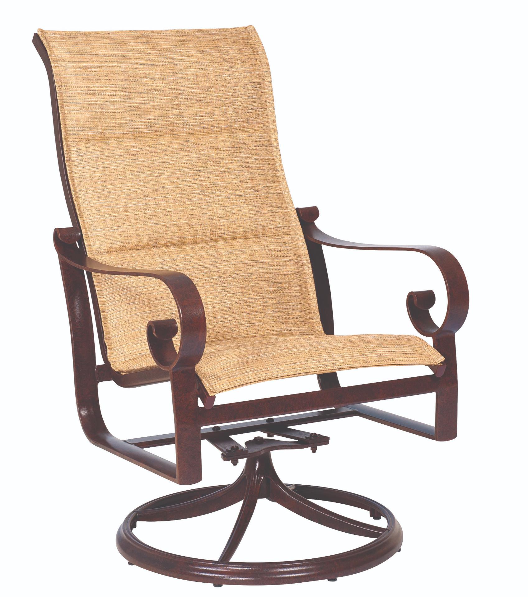 Woodard Belden Padded Sling High Back Swivel Rocker, Aged Teak, Grade A Fabric, Garden Chairs, Rockers, Sling, Belden, Aluminum, Wood, Curved, Frame, Outdoor