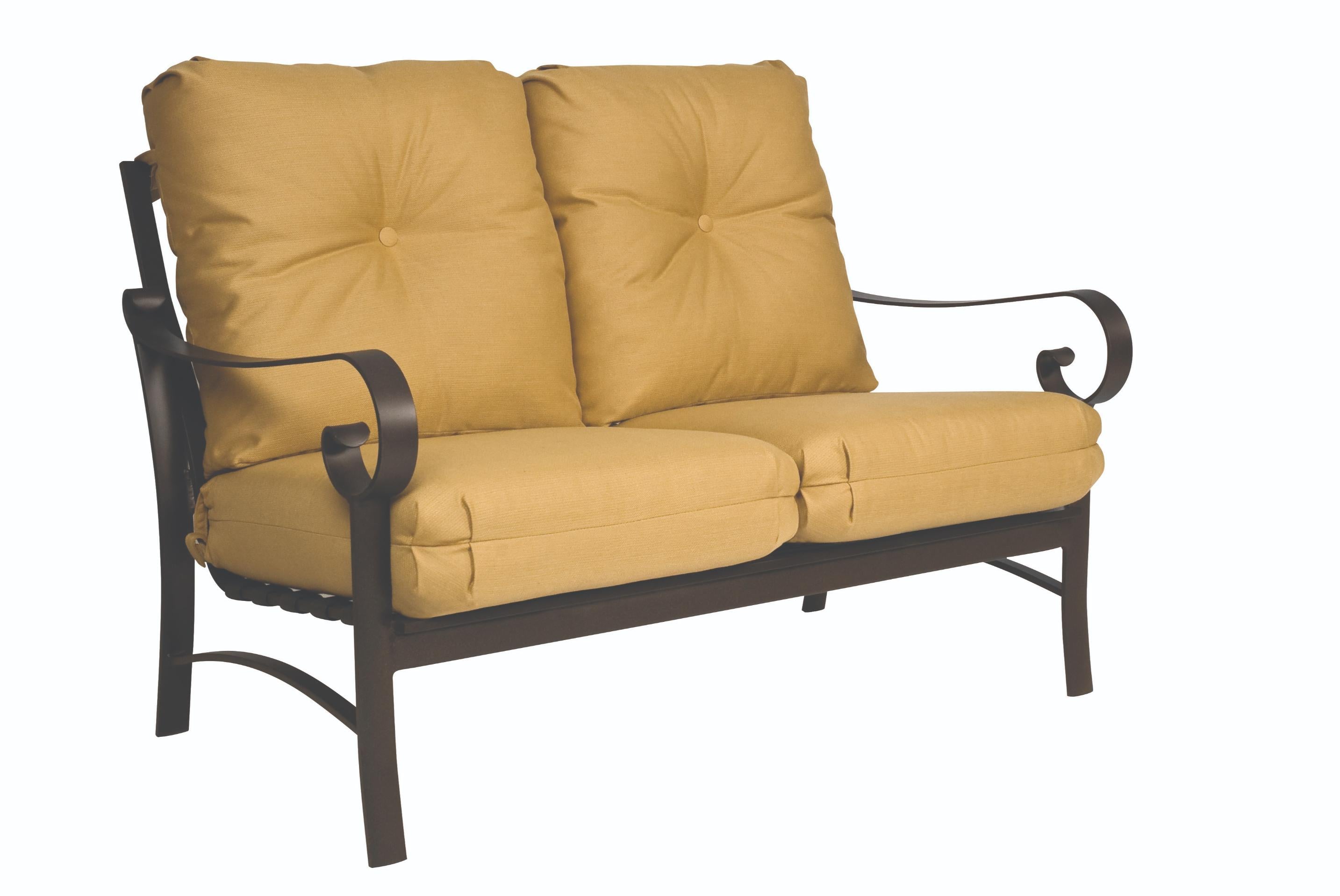 Woodard Belden Cushion Love Seat, Aged Teak, With Cushion, Grade A Fabric, Garden Chairs, Loveseat, Cushion, Belden, Aluminum, Rectangular, 4 Legs, Outdoor