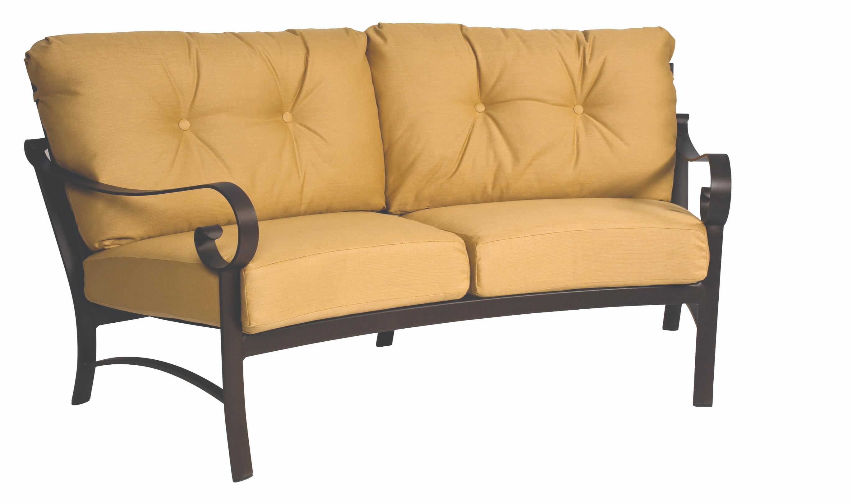 Woodard Belden Crescent Love Seat, Aged Teak, With Cushion, Grade A Fabric, Garden Chairs, Loveseat, Cushion, Belden, Aluminum, Curved, 5+ Legs, Outdoor
