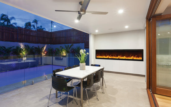 Amantii Panorama Deep Full View Smart Electric - 88" Indoor /Outdoor WiFi Enabled Fireplace, featuring a MultiFunction Remote, Multi Speed Flame Motor, Glass Media & a Black Trim