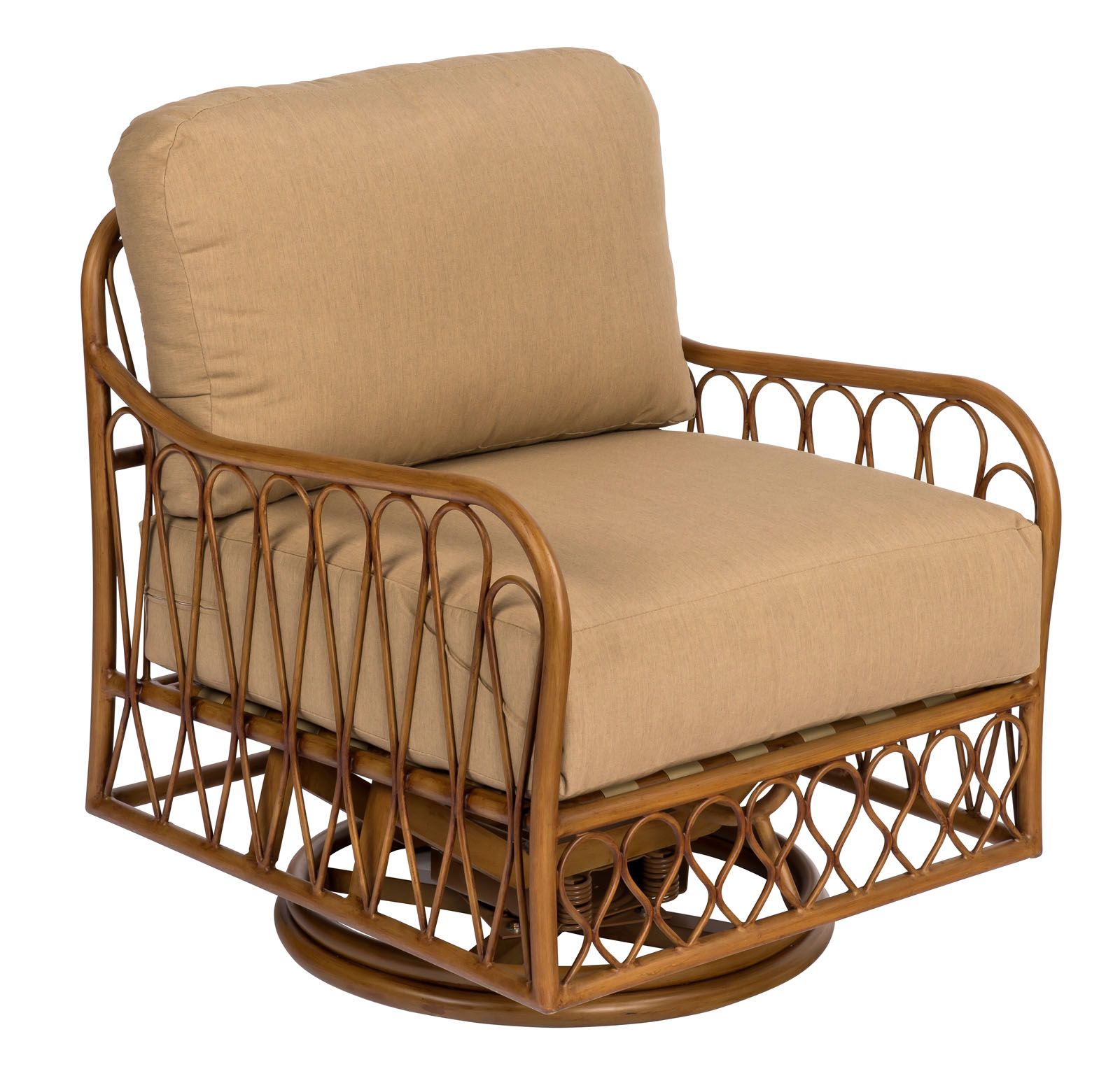 Woodard Cane Swivel Rocking Lounge Chair, Aged Teak, With Cushion, Grade A Fabric, Garden Chairs, Lounge Chairs, Cushion, Cane, Wood, Rectangular, 4 Legs, Outdoor
