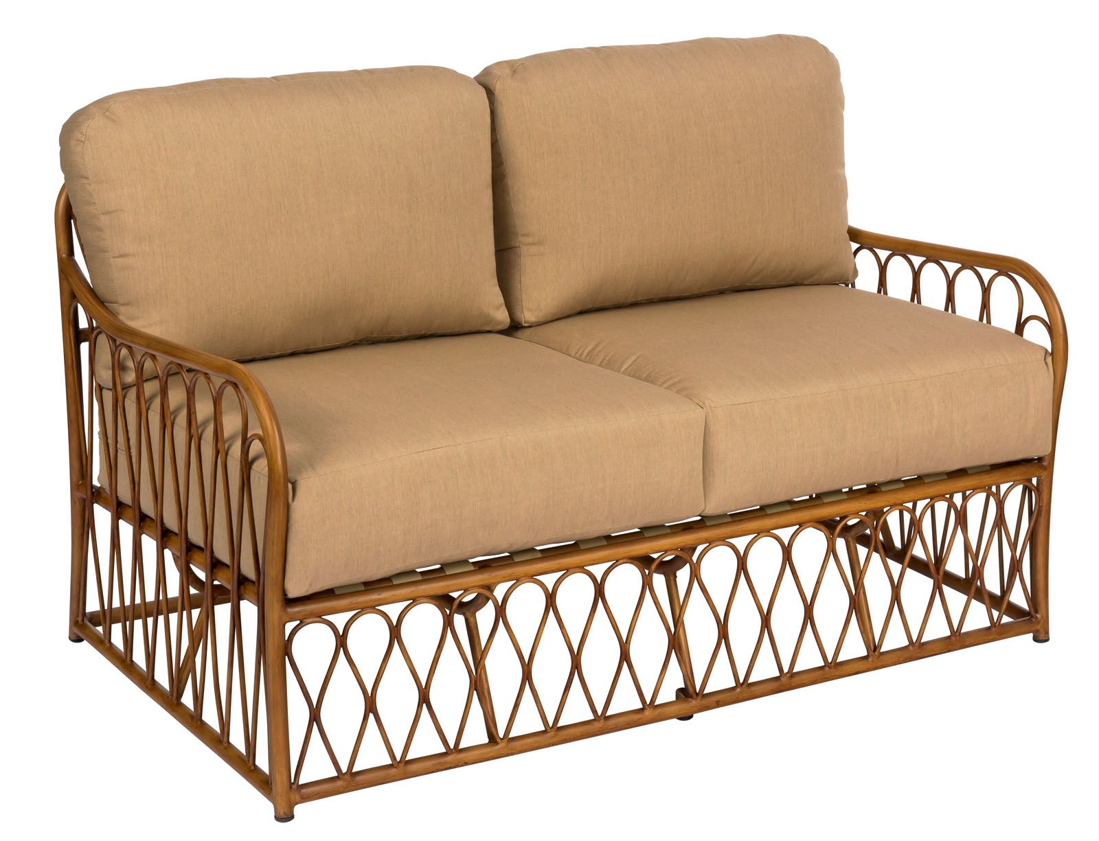 Woodard Cane Love Seat, Aged Teak, With Cushion, Grade A Fabric, Garden Chairs, Loveseat, Wood, Cane, Wood, Rectangular, 5+ Legs, Outdoor