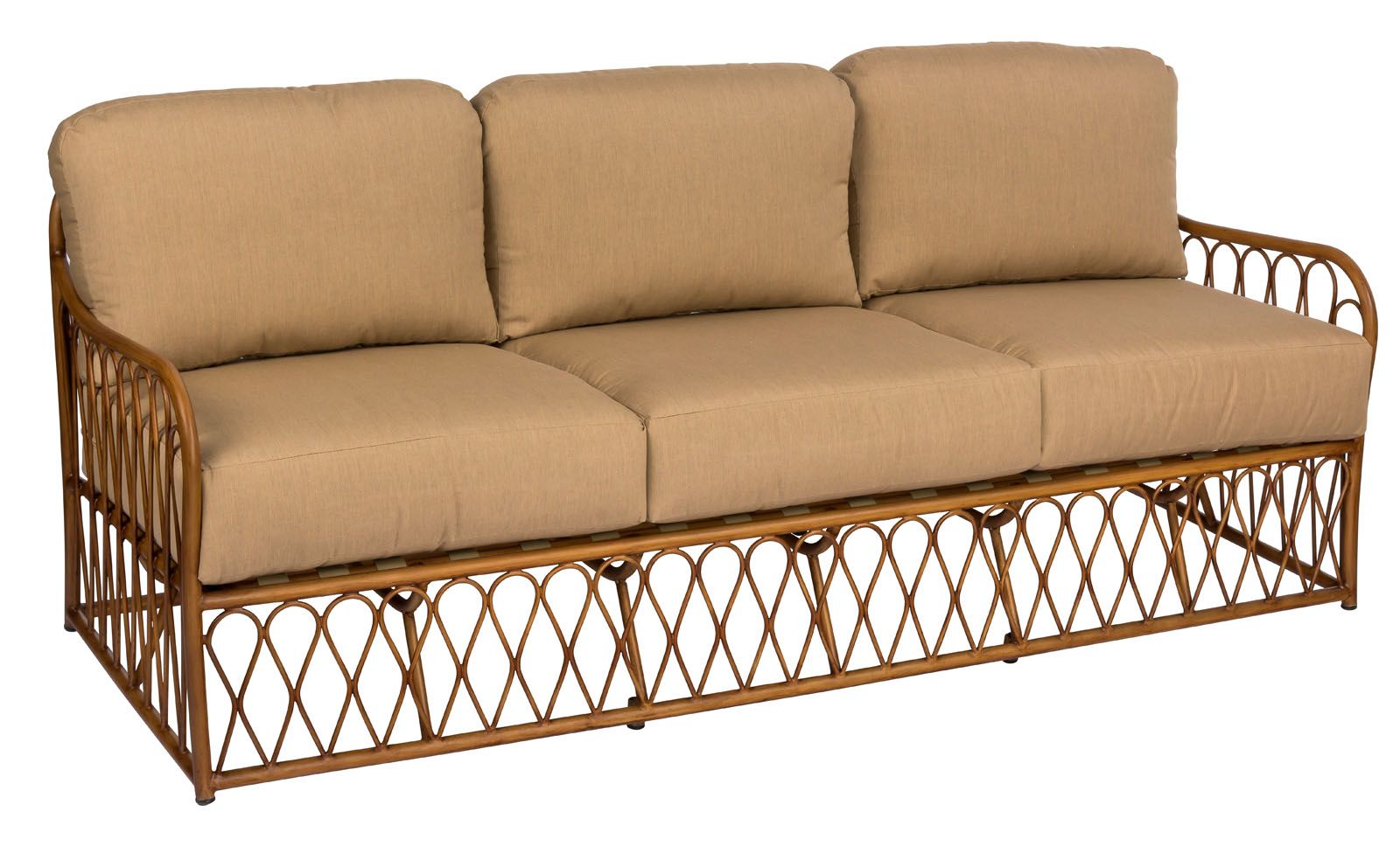 Woodard Cane Sofa, Aged Teak, Beach Bum Creamsicle (Grade A), Grade A Fabric, Garden Chairs, Sofa, Wood, Cane, Wood, Rectangular, 5+ Legs, Outdoor