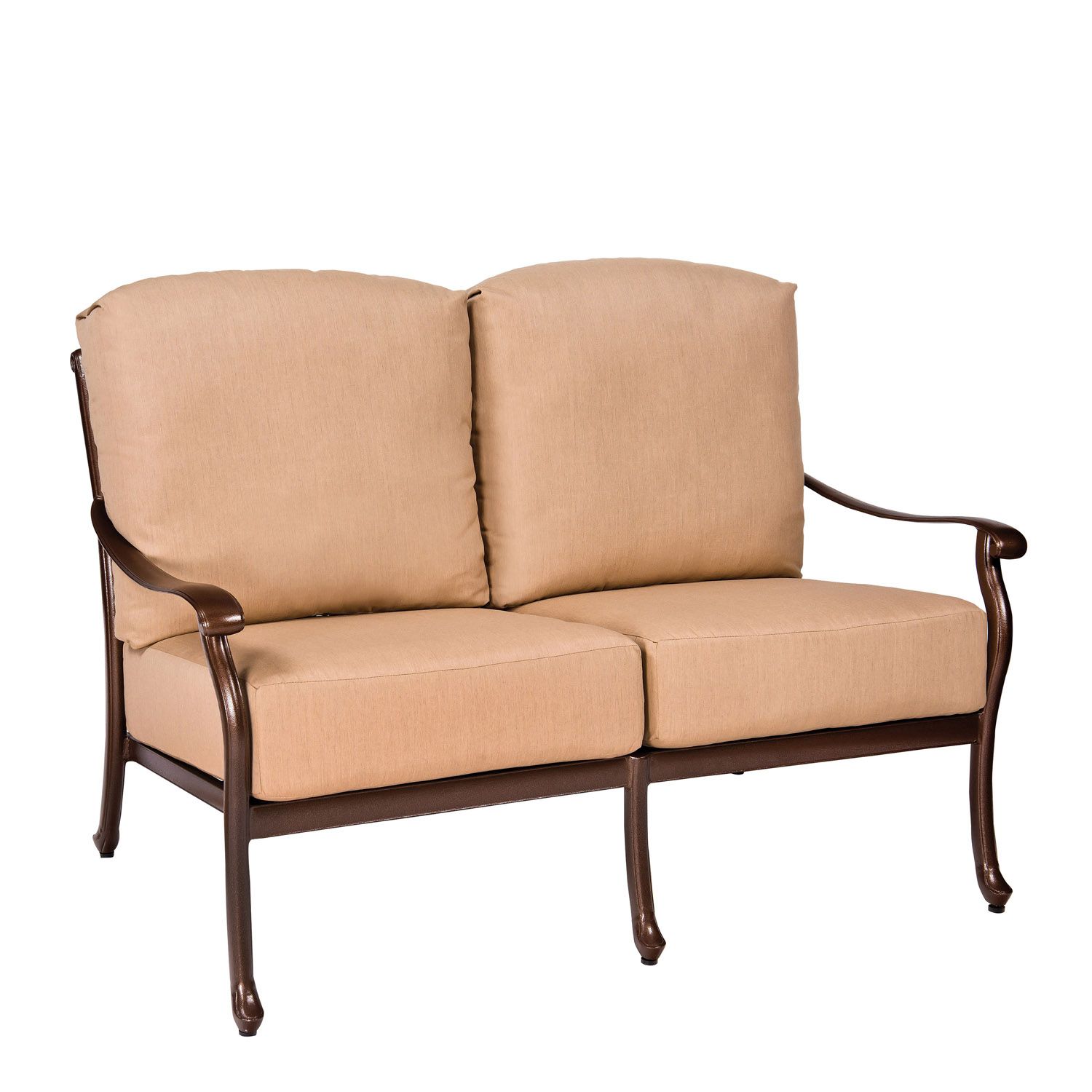 Woodard Casa Love Seat, Aged Teak, With Cushion, Grade A Fabric, Garden Chairs, Lounge Chairs, Cushion, Casa, Wood, Curved, 4 Legs, Outdoor